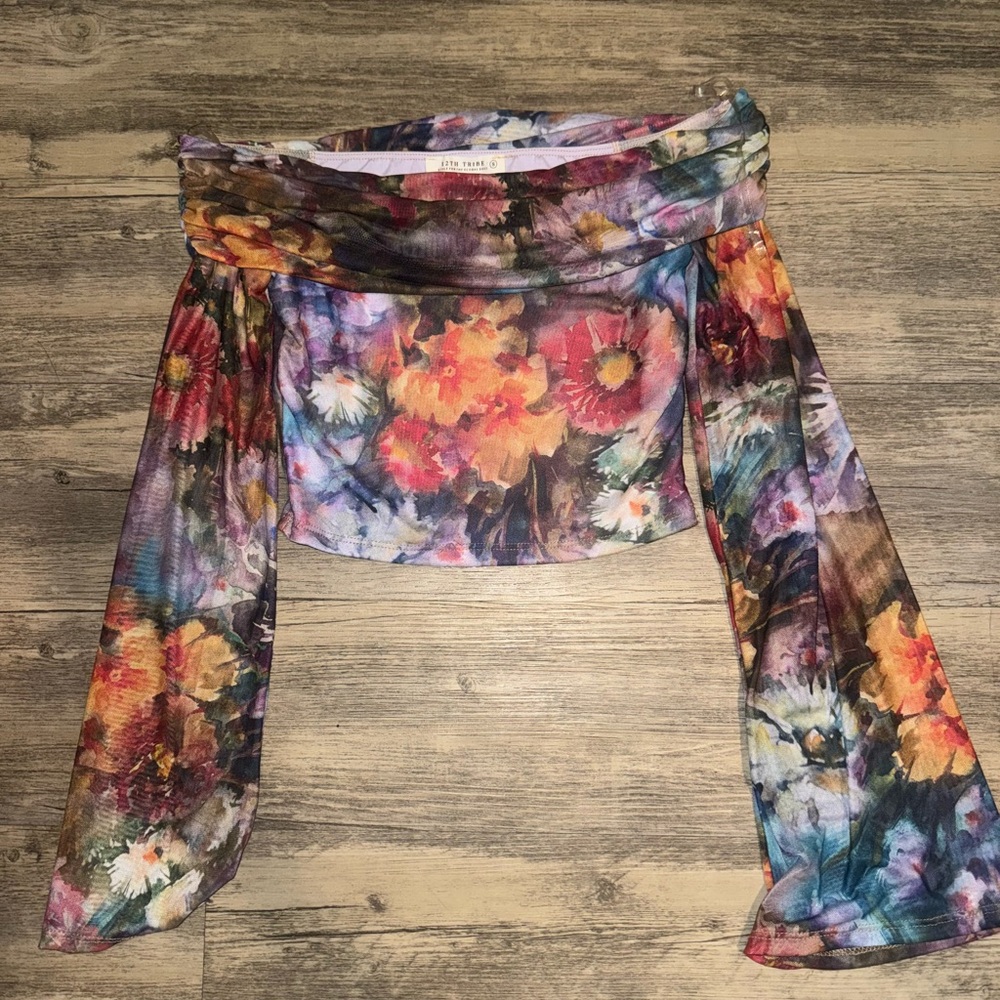 12th Tribe Multicolor Floral Off-Shoulder Crop Top